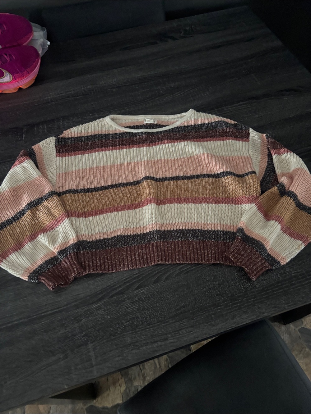 Billabong Striped Crewneck Sweater - Pink, Cream & Brown